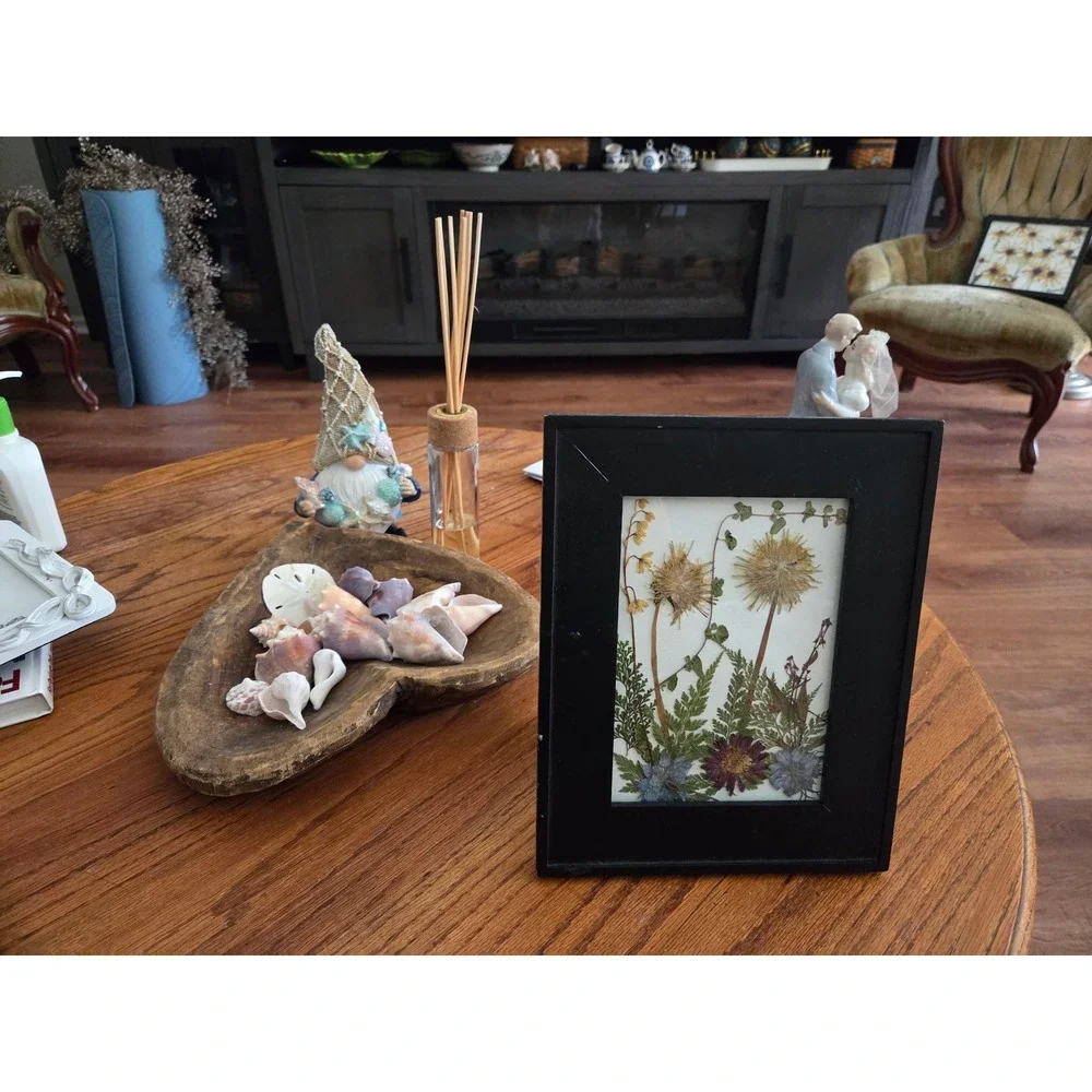 Pressed Flower Art 5x7 Black Wood Frame Dandelions Ferns Wildflowers Botanical